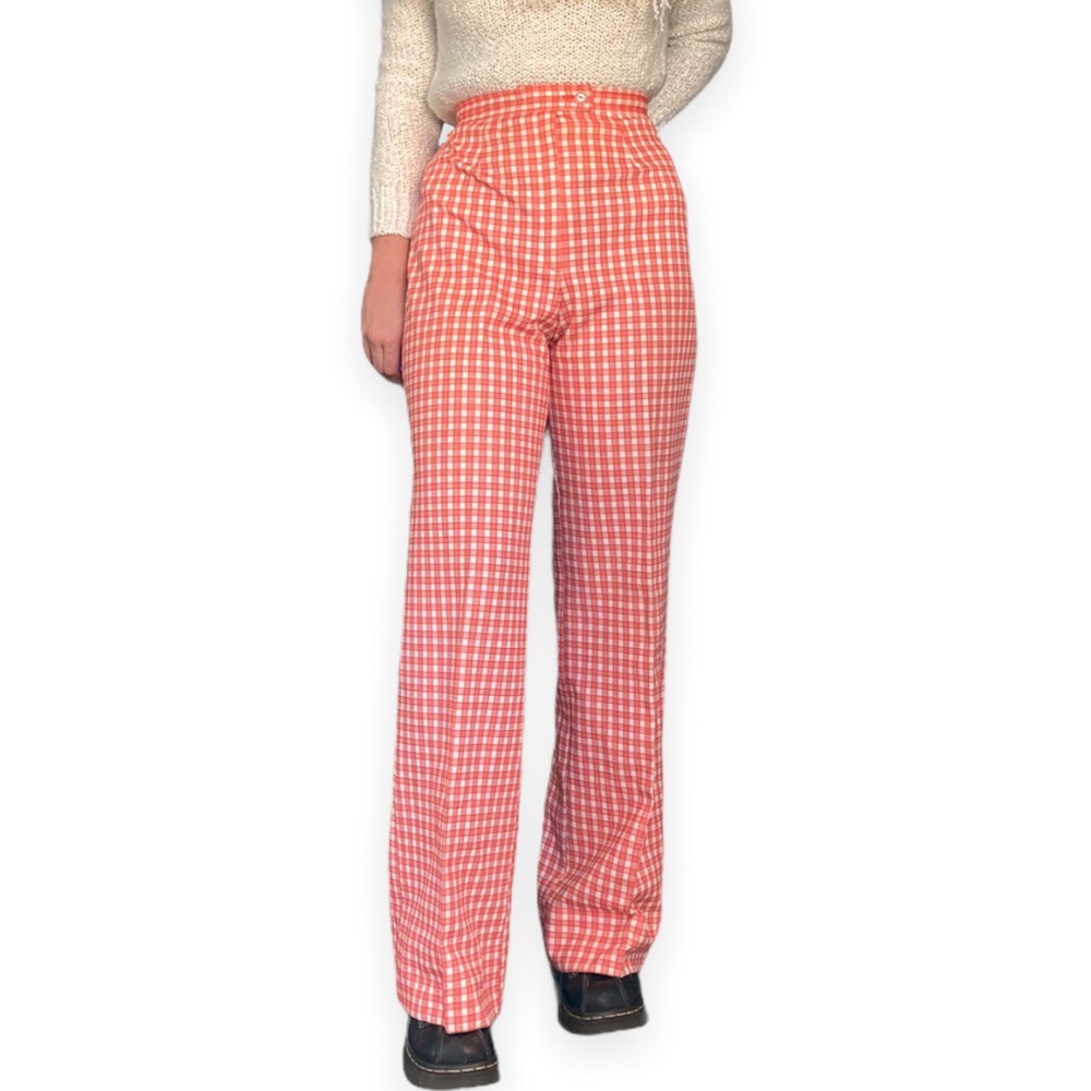 Vintage 70s Wide Leg Festive Trousers Red Plaid by Alex Colman 26” Waist